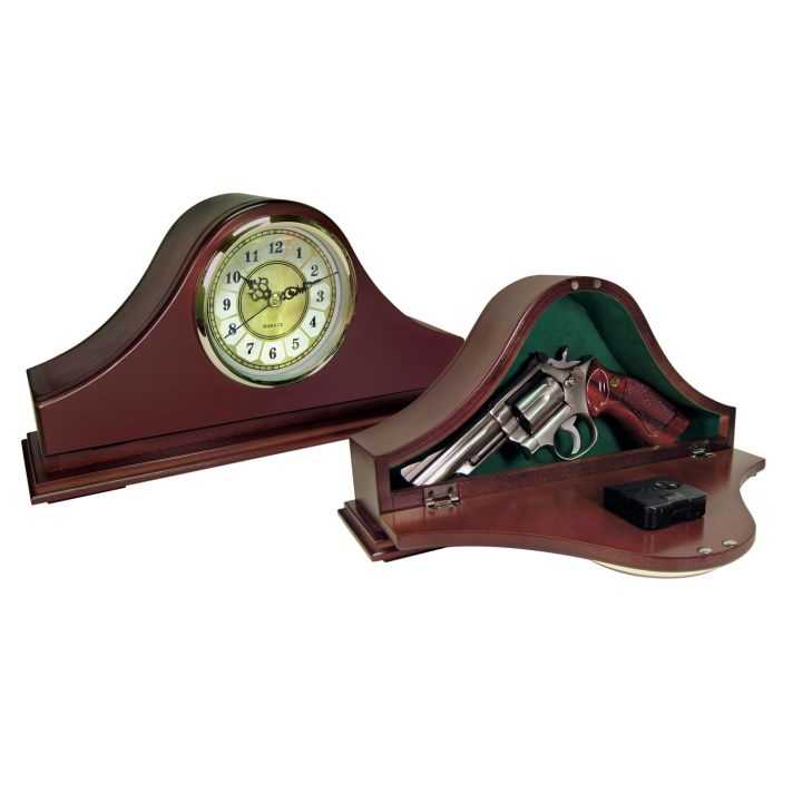Peace Keeper MGC Mantle Gun ClockFront Panel Entry Mahogany Stain Wood Holds 1 Handgun 14.62" L x 7.37" H x 3.75" D