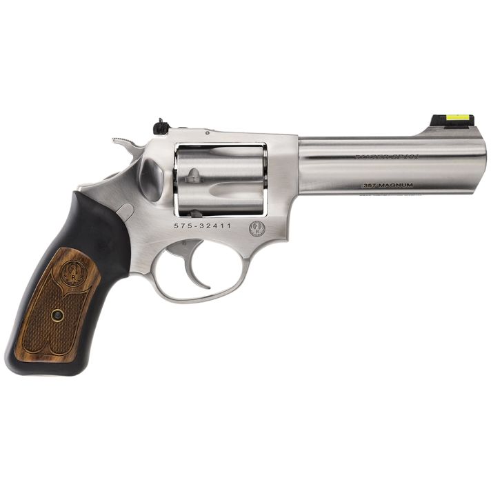 Ruger 5771 SP101357 Mag 5rd 4.20" Satin Stainless Steel Barrel, Cylinder & Frame, Black Rubber w/Wood Insert Grip, Transfer Bar Safety, Exposed Hammer