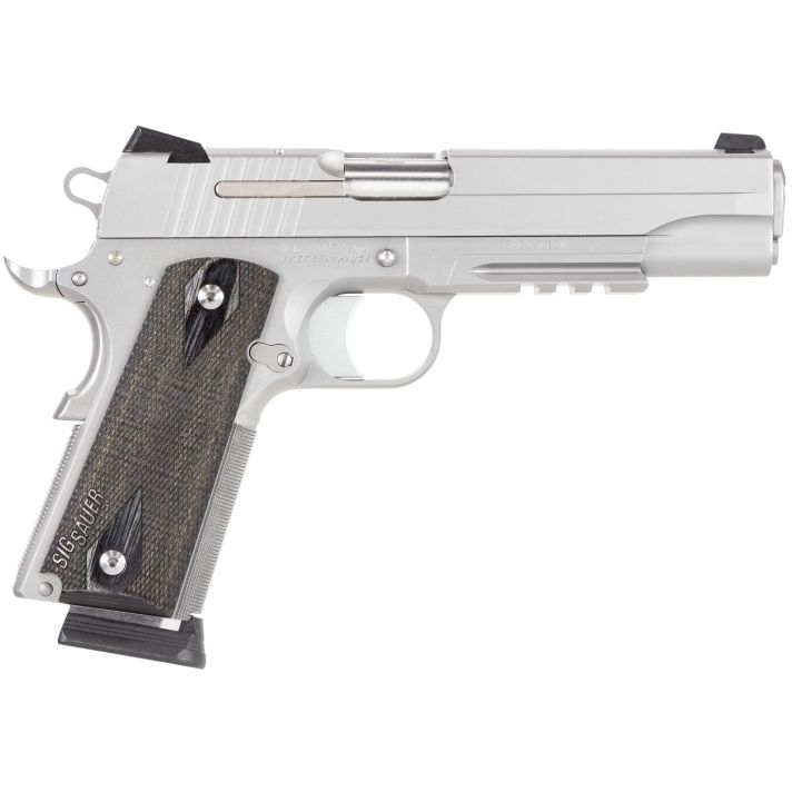 Sig Sauer 1911R45SSSCA 1911 Full Size *CA Compliant 45 ACP Caliber with 5" Barrel, 8+1 Capacity, Overall Stainless Steel Finish, Picatinny Rail/Beavertail Frame, Serrated Slide & Blackwood Grip