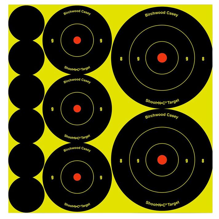 Birchwood Casey 34608 Shoot-N-C Reactive Target Variety Pack Self-Adhesive Paper Black/Yellow Bullseye 132 Pack
