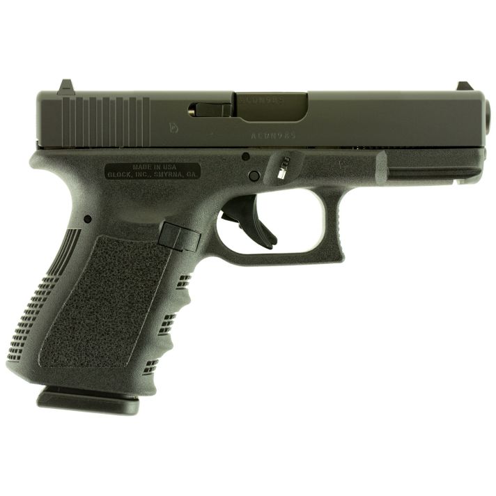 Glock UI1950203 G19 Gen3 Compact 9mm Luger 15+1 4.02" Black Steel Barrel, Matte Black Serrated Slide, Black Polymer Frame w/Accessory Rail, Black Finger Grooved Polymer Grip, USA Made