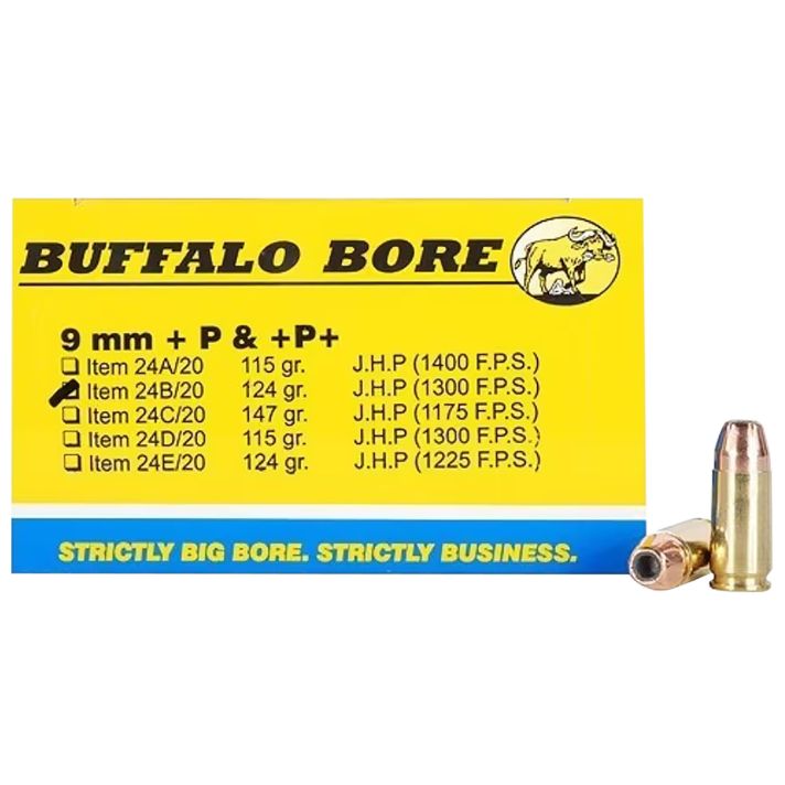 Buffalo Bore Ammunition 24B20 Personal Defense Strictly Business 9mmLuger +P+ 124gr Jacket Hollow Point 20 Per Box/12 Case