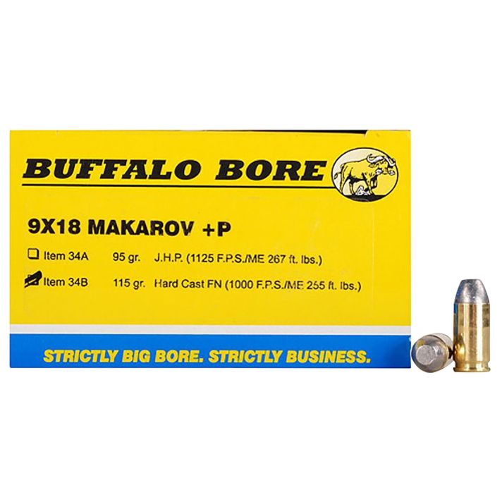 Buffalo Bore Ammunition 34B20 Personal Defense Strictly Business 9x18Makarov +P 115gr Hard Cast Flat Nose 20 Per Box/12 Case