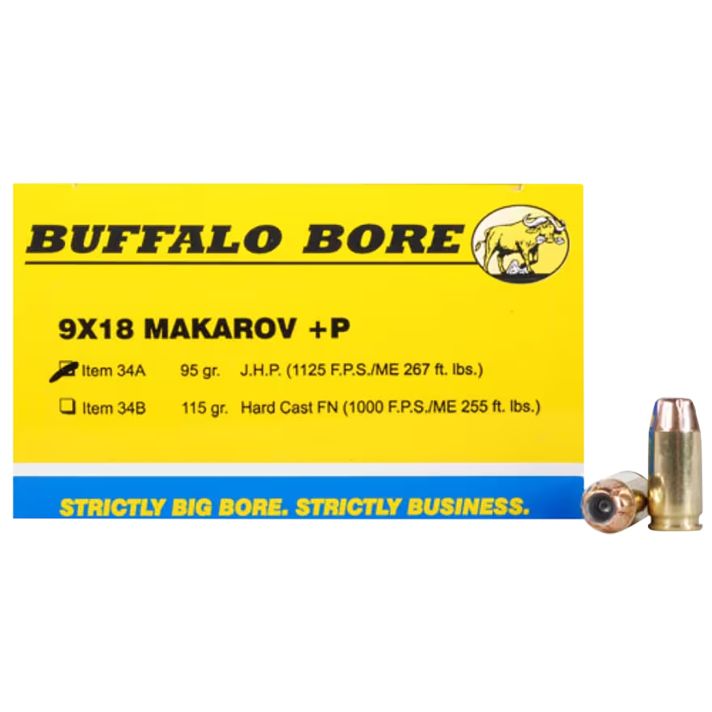 Buffalo Bore Ammunition 34A20 Personal Defense Strictly Business 9x18Makarov +P 95gr Jacket Hollow Point 20 Per Box/12 Case