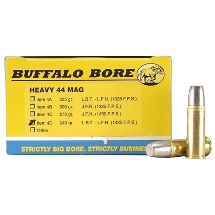 Buffalo Bore Ammunition 4D20 Heavy Strictly Business 44Rem Mag +P+ 340gr Lead Flat Nose 20 Per Box/12 Case