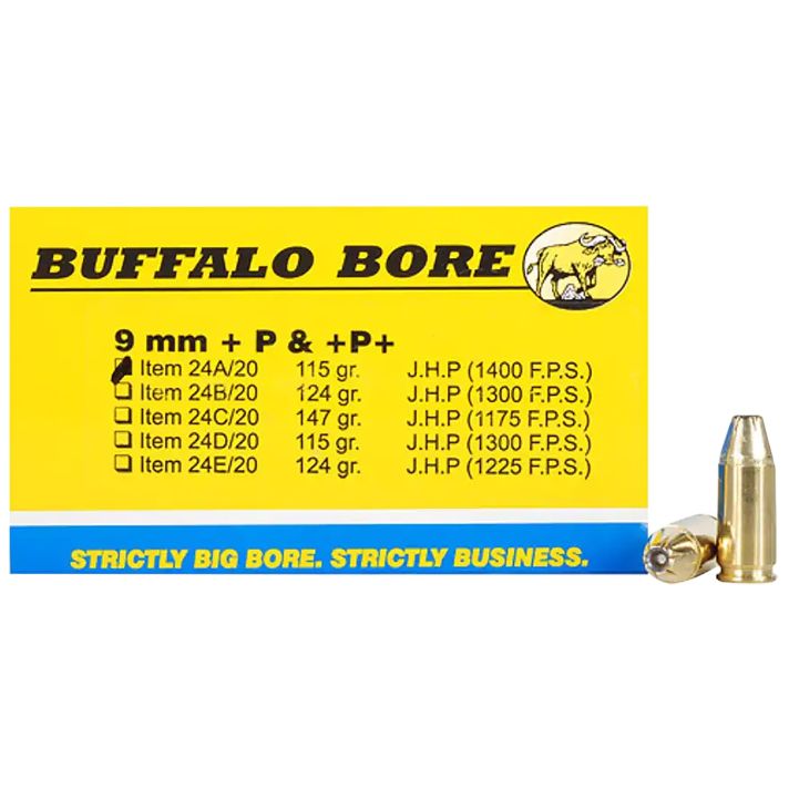 Buffalo Bore Ammunition 24A20 Personal Defense Strictly Business 9mmLuger +P+ 115gr Jacket Hollow Point 20 Per Box/12 Case