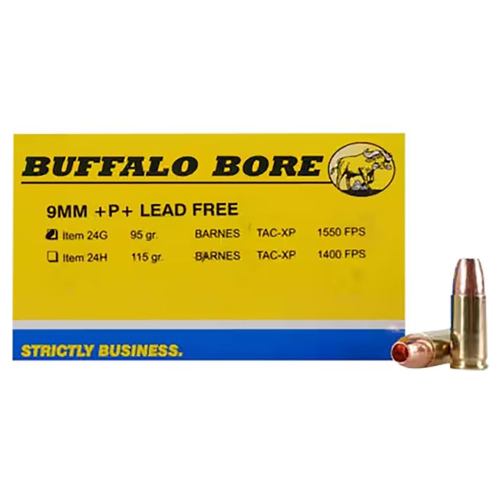 Buffalo Bore Ammunition 24G20 Buffalo-Barnes Strictly Business 9mmLuger +P+ 95gr Barnes TAC-XP Lead Free 20 Per Box/12 Case