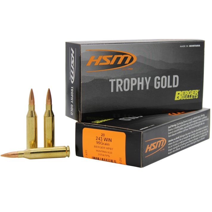 HSM 24395VLD Trophy Gold Extended Range 243 Win 95 gr Berger Hunting VLD Match 20 Per Box/ 25 Case