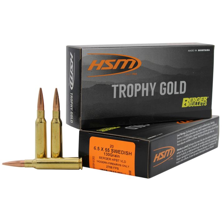 HSM 65X55130VLD Trophy Gold Extended Range 6.5x55 Swedish 130 gr Berger Hunting VLD Match 20 Per Box/ 25 Case