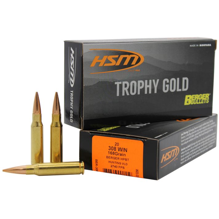HSM 308168VLD Trophy Gold Extended Range 308 Win 168 gr Berger Hunting VLD Match 20 Per Box/ 25 Case