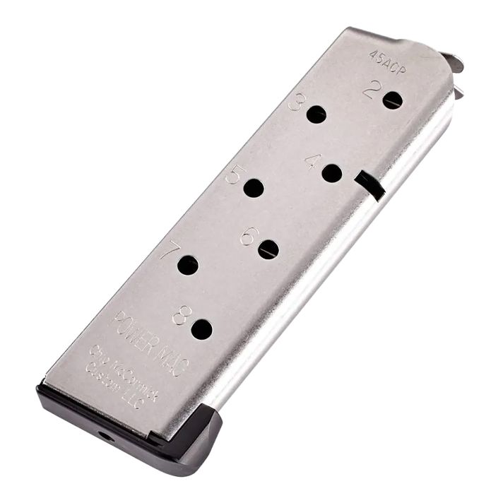 CMC Products 14132 Power Mag8rd 45 ACP Fits 1911 Officer Stainless Steel w/ Black Base Pad