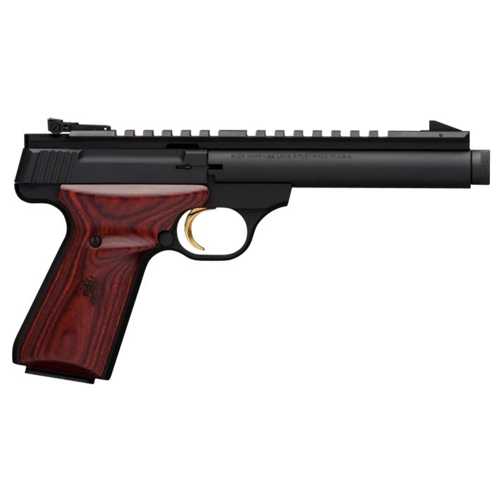 Browning 051527490 Buck Mark Field Target SR 22 LR 10+1 5.50" Black Threaded Bull Barrel, Matte Black Aluminum Frame, Picatinny Rail Receiver, Laminate Cocobolo Target Grip, Right Hand