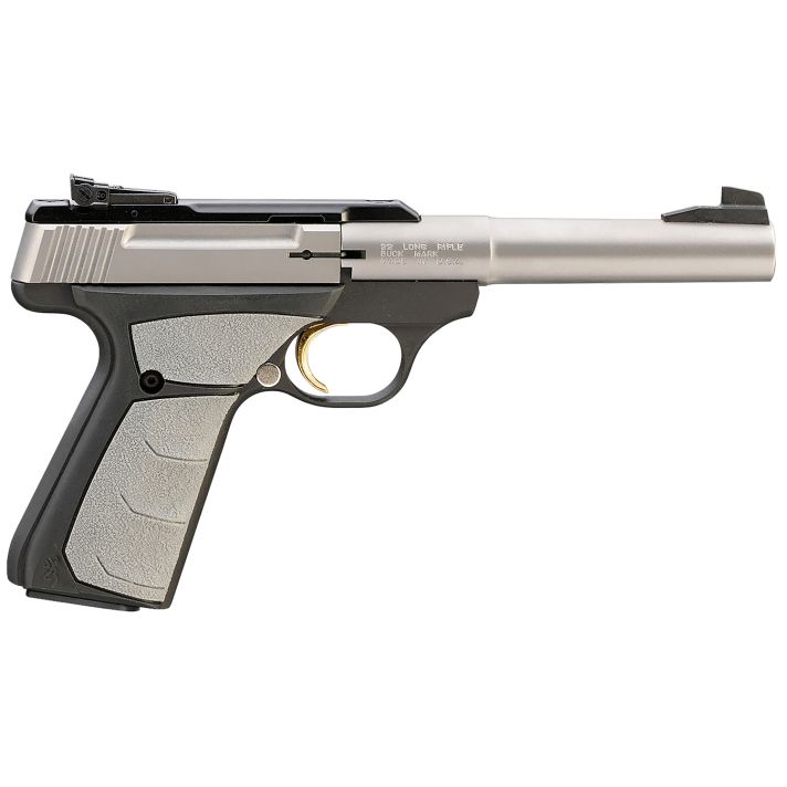 Browning 051483490 Buck Mark Camper *CA Compliant 22 LR 10+1 5.50" Tapered Bull Barrel, Matte Stainless Serrated SS Slide, Matte Black Aluminum Frame & Gray Overmolded Grips