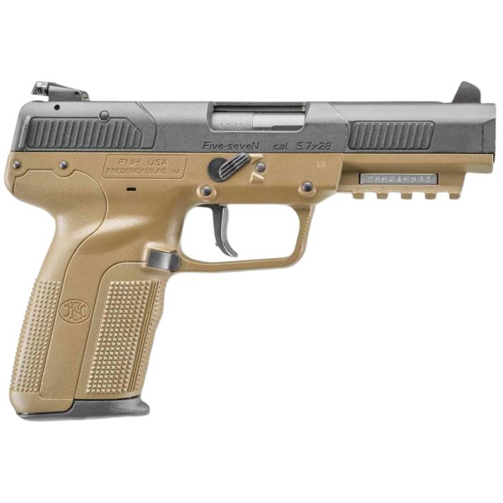 FN 3868929352 Five-seveN *CA Compliant 5.7x28mm 10+1 4.80" Black Steel Barrel, Black Serrated Steel Slide & Polymer Frame w/Picatinny Rail, FDE Textured Polymer Grip, Ambidextrous