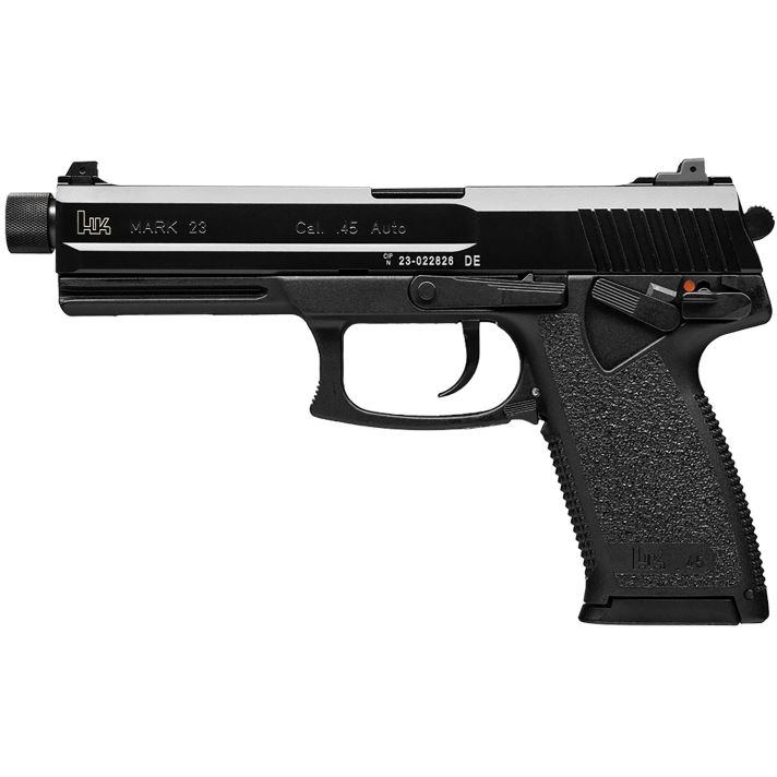 HK 81000080 Mark 2345 ACP 10+1, 5.87"Black Steel Threaded Barrel, Serrated Steel Slide, Polymer Frame, Black Polymer Grip, Ambidextrous