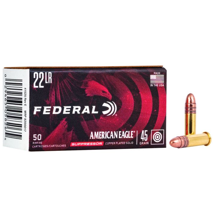 Federal AE22SUP1 American Eagle Suppressor 22LR 45gr Copper Plated Round Nose 50 Per Box/100 Case