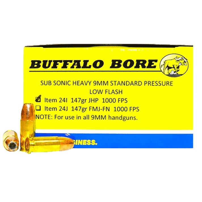 Buffalo Bore Ammunition 24I20 Subsonic Strictly Business 9mmLuger Subsonic 147gr Jacketed Hollow Point 20 Per Box/12 Case