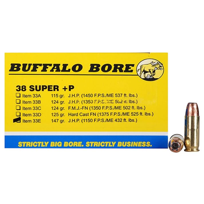 Buffalo Bore Ammunition 33E20 Personal Defense Strictly Business 38Super +P 147gr Jacket Hollow Point 20 Per Box/12 Case