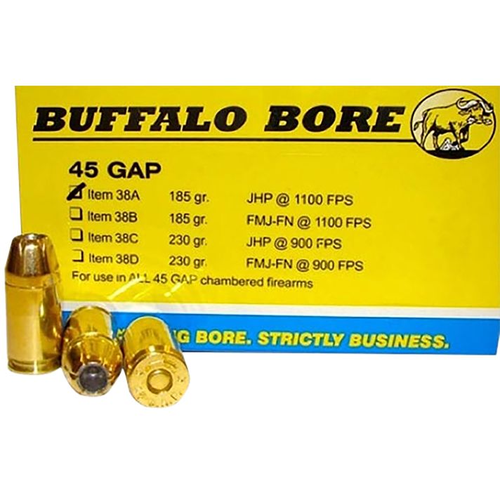 Buffalo Bore Ammunition 38A20 Personal Defense Strictly Business 45GAP 185gr Jacket Hollow Point 20 Per Box/12 Case
