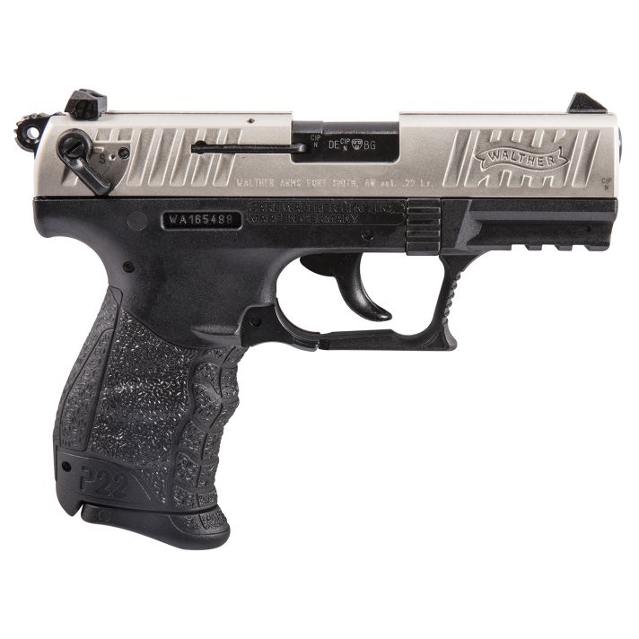 Walther Arms 5120336 P22 *CA Compliant 22 LR 10+1 3.42" Nickel Serrated/Steel Slide, Black Polymer Frame w/Picatinny Rail, Black Interchangeable Backstrap Grips