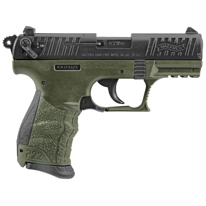 Walther Arms 5120338 P22 Military *CA Compliant 22 LR 10+1 3.42" Matte Black Tenifer Serrated/Steel Slide, OD Green Polymer Frame w/Picatinny Rail, OD Green Interchangeable Backstrap Grips