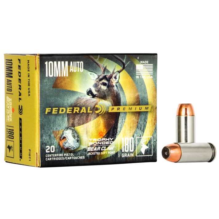 Federal P10T1 Premium10mmAuto 180gr Trophy Bonded Bear Claw Jacketed Soft Point 20 Per Box/10 Case