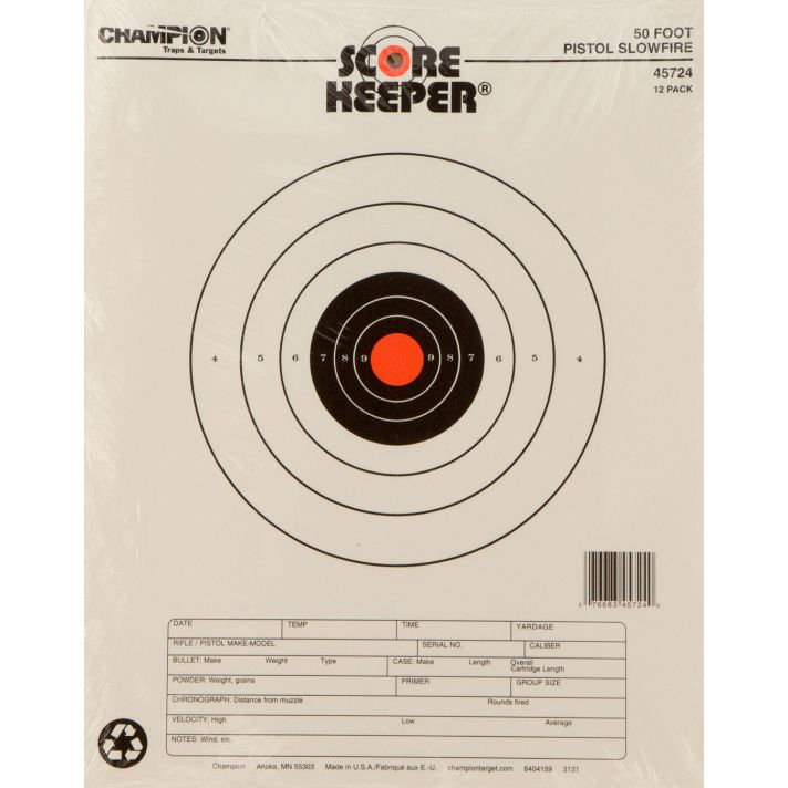 Champion Targets 45724 Score Keeper Slow Fire Bullseye Paper Hanging 50 foot Pistol 11" x 16" Black/Orange 12 PK