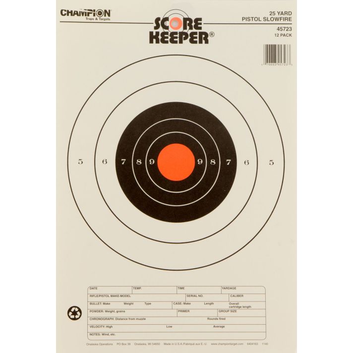 Champion Targets 45723 Score Keeper Slow Fire Bullseye Paper Hanging 25 yds Pistol 11" x 16" Black/Orange 12 PK