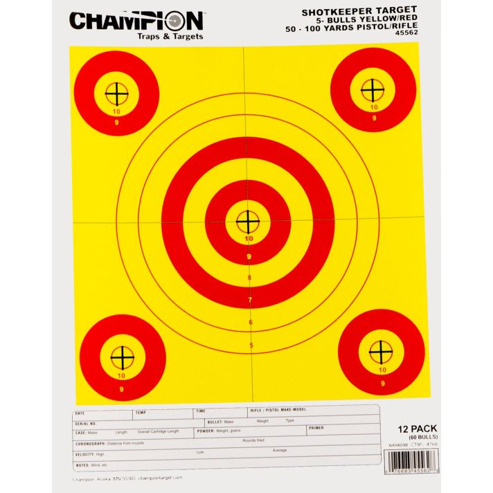Champion Targets 45562 Shotkeeper5-Bullseye 50-100 yds Pistol/Rifle Yellow/Red 12 PK