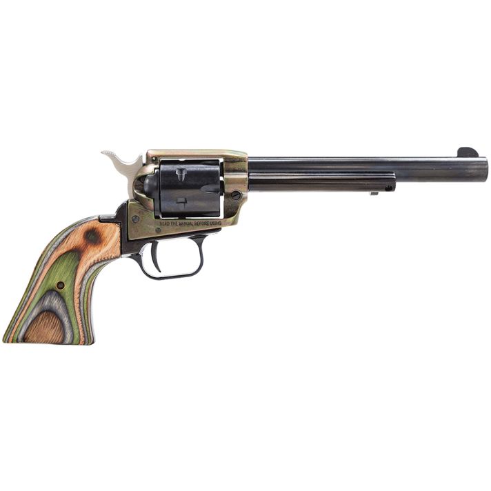 Heritage Mfg RR22CH6 Rough Rider22 LR 6 Shot, 6.50" Black Oxide Steel Barrel, Simulated Case Hardened Zinc Alloy Frame, Black Oxide Cylinder, Camo Laminate Grip, Manual Safety, Exposed Hammer