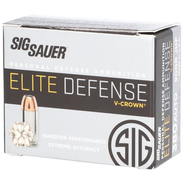 Sig Sauer E380A120 Elite Defense380ACP 90gr V-Crown Jacketed Hollow Point 20 Per Box/10 Case