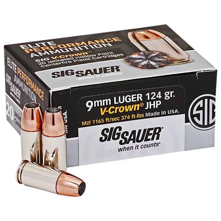 Sig Sauer E9MMA220 Elite Performance9mmLuger 124gr V-Crown Jacketed Hollow Point 20 Per Box/10 Case