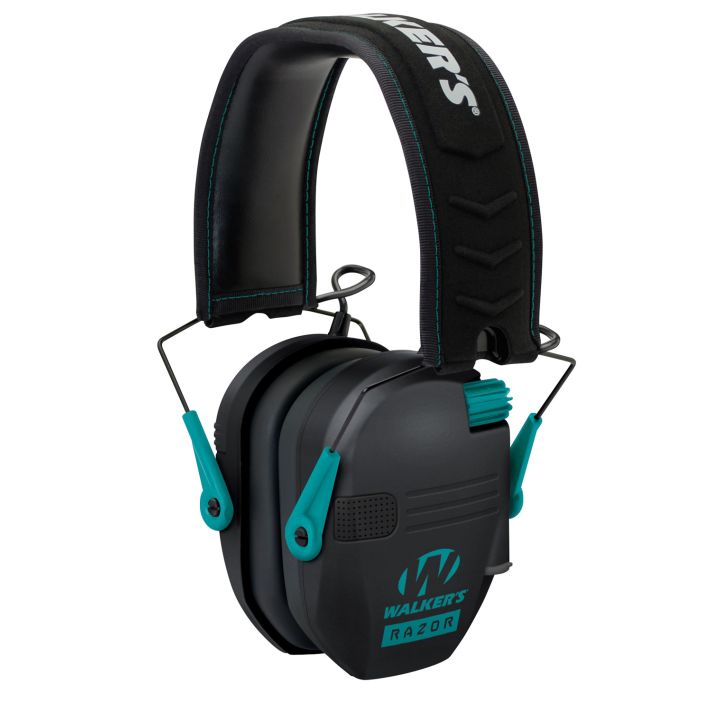 Walker's GWPRSEMTL Razor Slim Electronic Muff 23 dB Over the Head Black Polymer w/Teal Accents