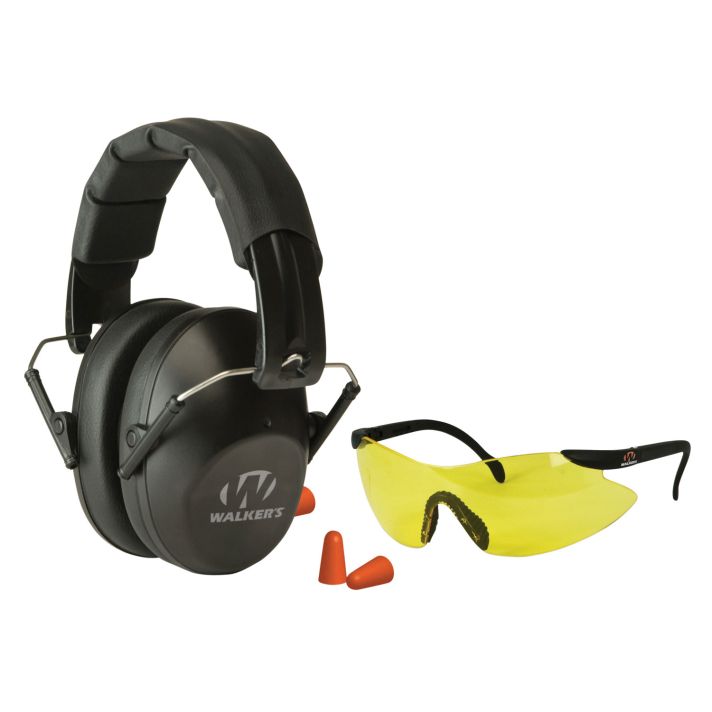 Walker's GWPFPM1GFP Pro Low Profile Passive Muff Combo Kit Includes Foam Ear Plugs, Low Profile 31 db Over the Head Passive Muff, Shooting Glasses w/Yellow Lens