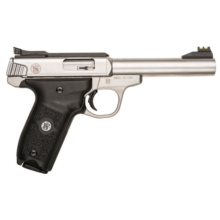 Smith & Wesson 108490 SW22 Victory Full Size Frame 22 LR 10+1, 5.50" Silver Match Grade Barrel, Satin Serrated Slide & Frame, Black Textured Grip, Thumb Safety