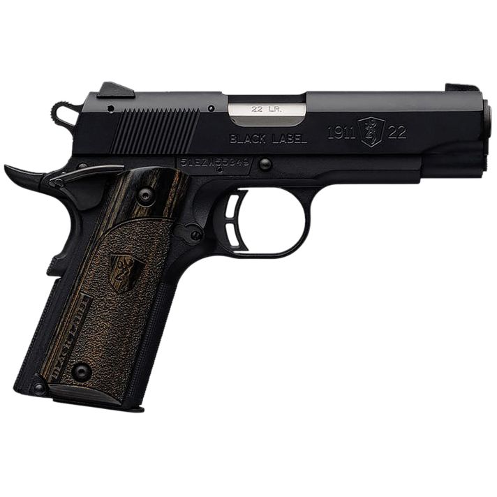 Browning 051815490 1911-22 Black Label Compact 22 LR 10+1 3.63" Stainless Steel Barrel, Matte Black Serrated Slide & Polymer Frame w/Beavertail, Black Laminate Stippled Grip