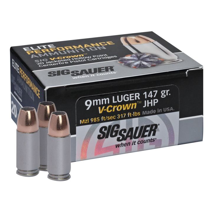 Sig Sauer E9MMA320 Elite Performance9mmLuger 147gr V-Crown Jacketed Hollow Point 20 Per Box/10 Case