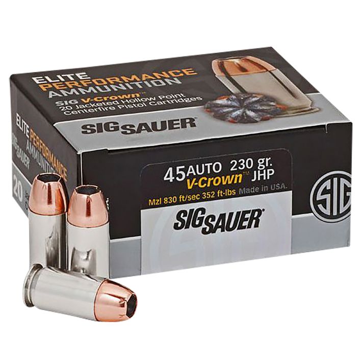 Sig Sauer E45AP220 Elite Performance45ACP 230gr V-Crown Jacketed Hollow Point 20 Per Box/10 Case