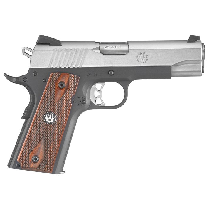 Ruger 6711 SR1911 Lightweight Commander 45 ACP 7+1 4.25" Stainless Steel Barrel, Low-Glare Serrated Stainless Steel Slide, Black Anodized Aluminum Frame w/Beavertail, Hardwood Grip, Right Hand