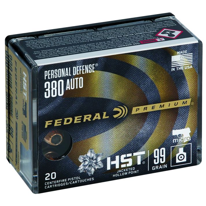 Federal P380HST1S Premium Personal Defense Micro 380ACP 99gr HST Jacketed Hollow Point 20 Per Box/10 Case