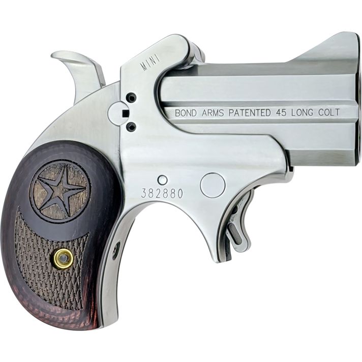 Bond Arms BAM Mini Original 45 Colt (LC) 2rd 2.50"Stainless Steel Double Barrel & Frame, Auto Extractor & Rebounding Hammer, Blade Front/Fixed Rear Sights, Rosewood Grips, Manual Safety