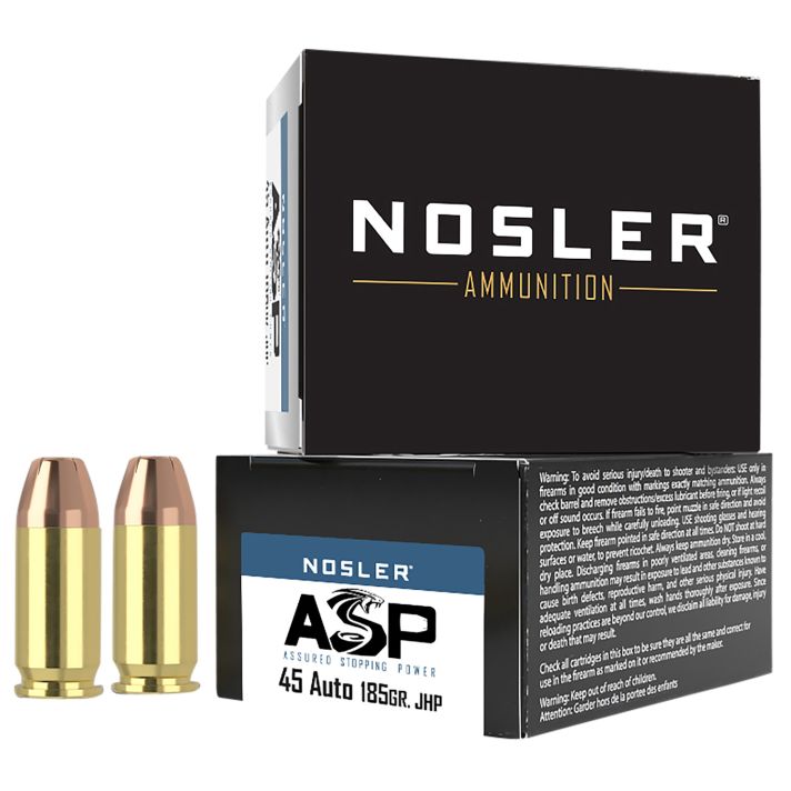 Nosler 51278 Assured Stopping Power Handgun 45ACP 185gr Jacketed Hollow Point 20 Per Box/20 Case