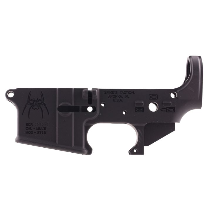 Spikes STLS019 Spider Stripped Lower Receiver with Billet Markings Multi-Caliber 7075-T6 Aluminum Black Anodized for AR-15